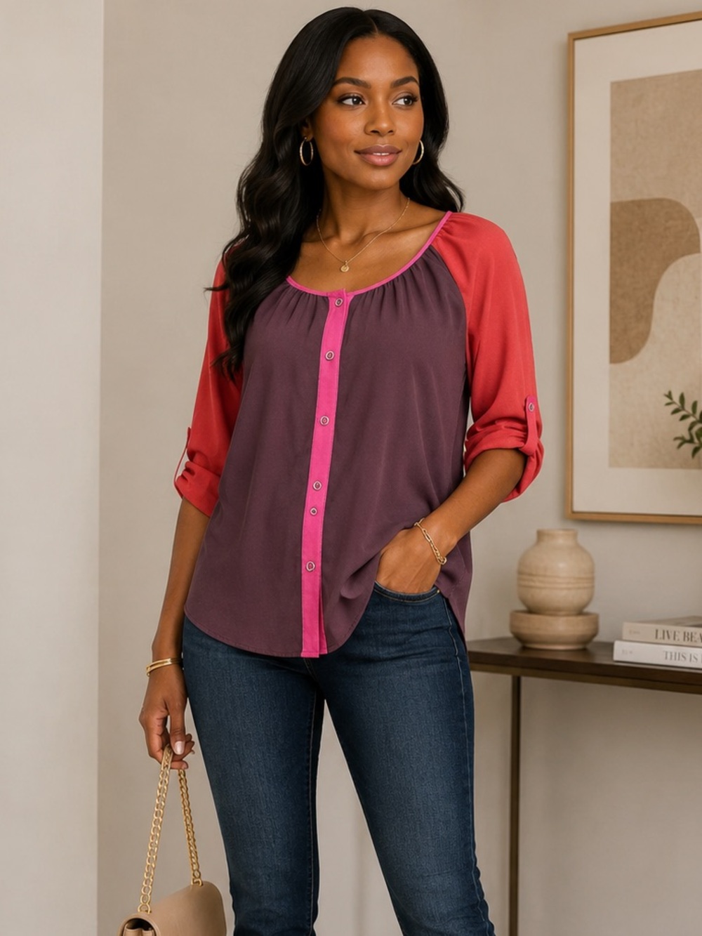 Express Colorblock Snap Button-Up Blouse Top Size M Business Casual Colorful